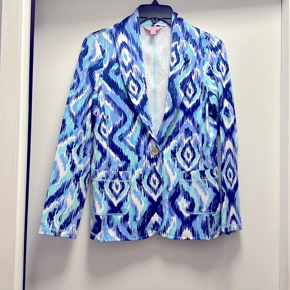 Blue Ikat Print Lilly Pulitzer Mindy Shawl Blazer Jacket Size Small GUC